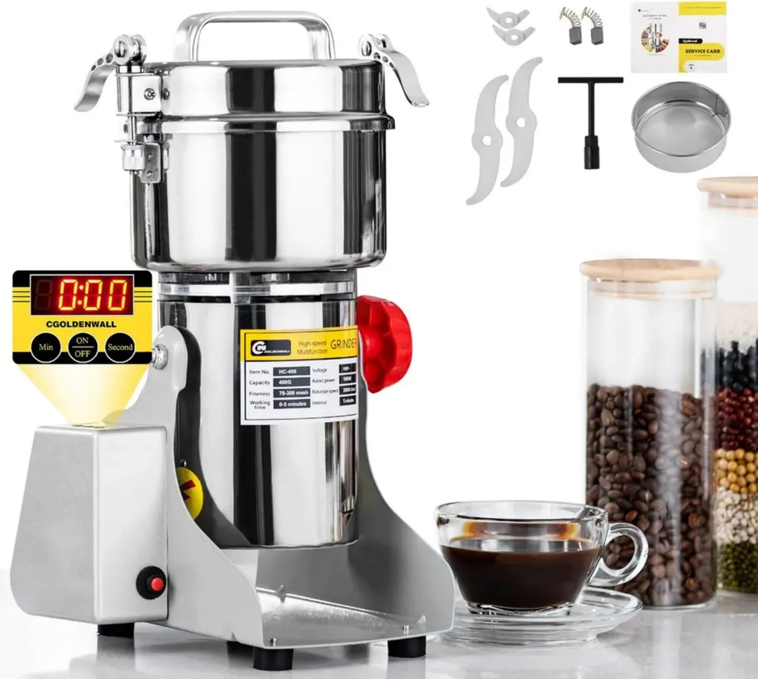 Moulin à Épices Électrique 800g CGOLDENWALL, Affichage LED, Broyeur à Haute Vitesse 28000RPM, Moteur 2400W avec Minuterie et Protection Contre Surcharges