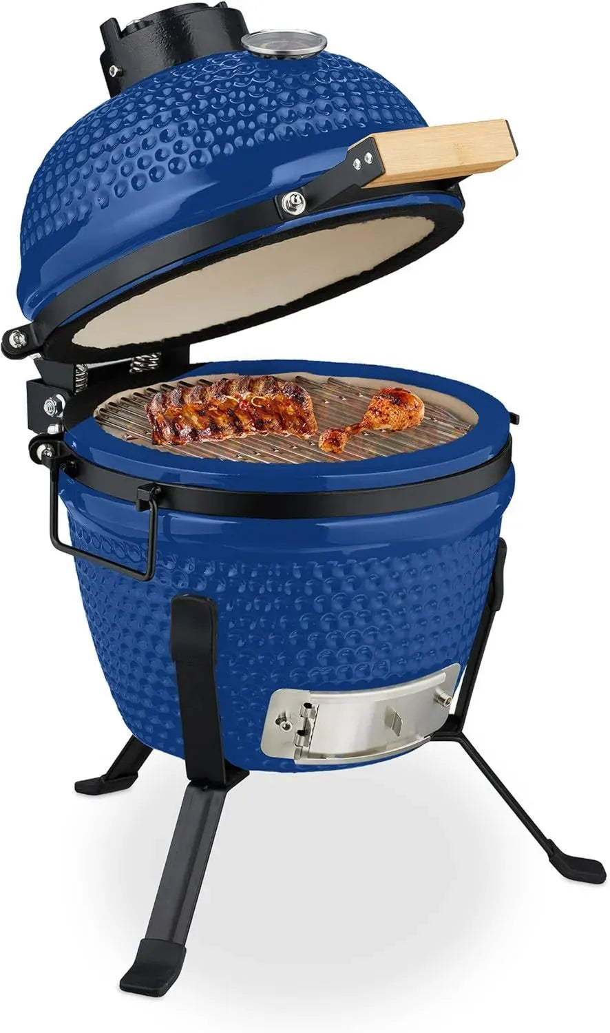 Kamado Barbecue en Céramique, Ø 26 cm, Thermomètre Intégré, Grill Japonais avec Fumoir, Bleu