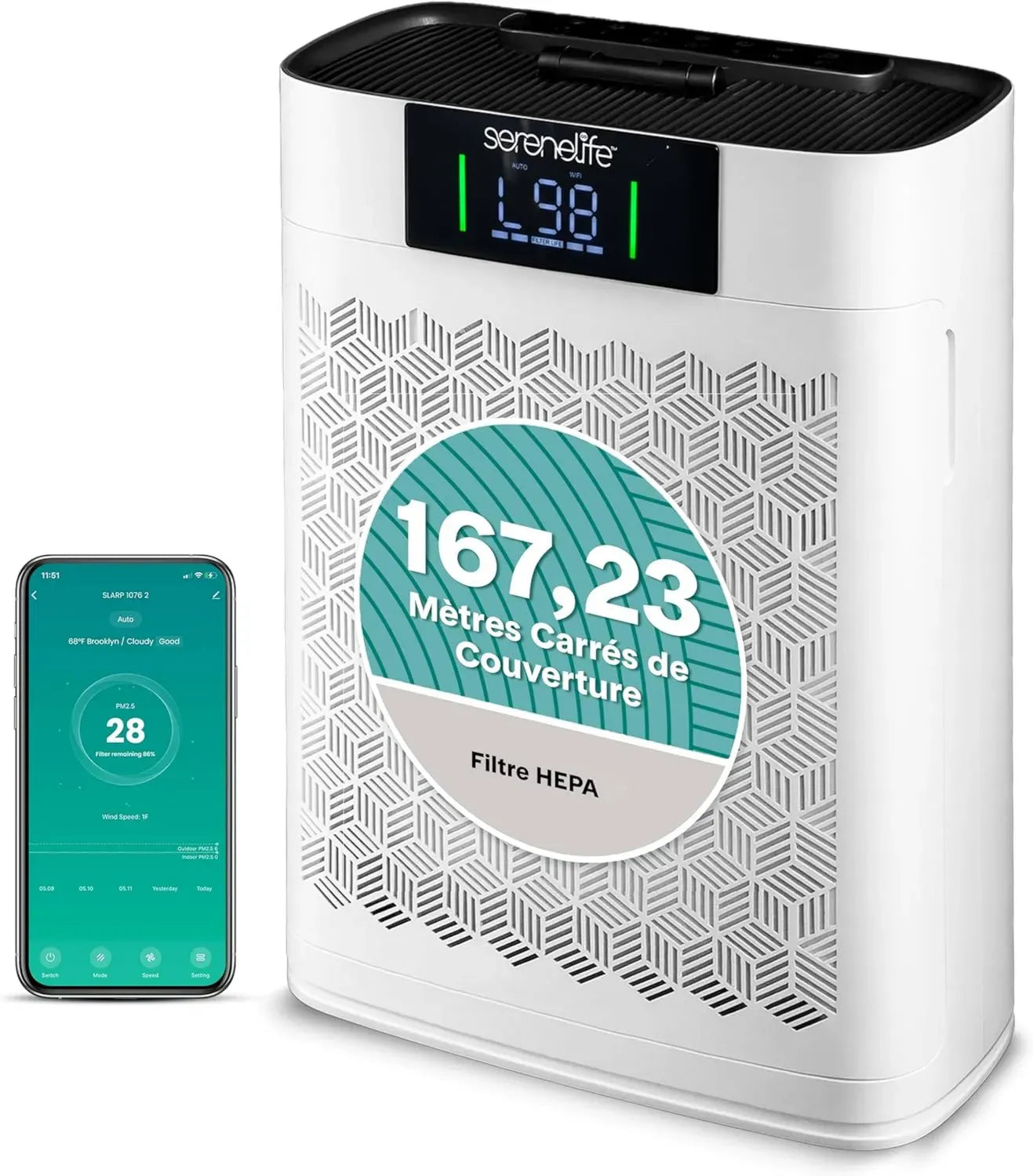 Purificateur d'Air Intégré WiFi HEPA pour 100 m² - Silencieux, Anti-Allergies, Élimine Poils et Odeurs