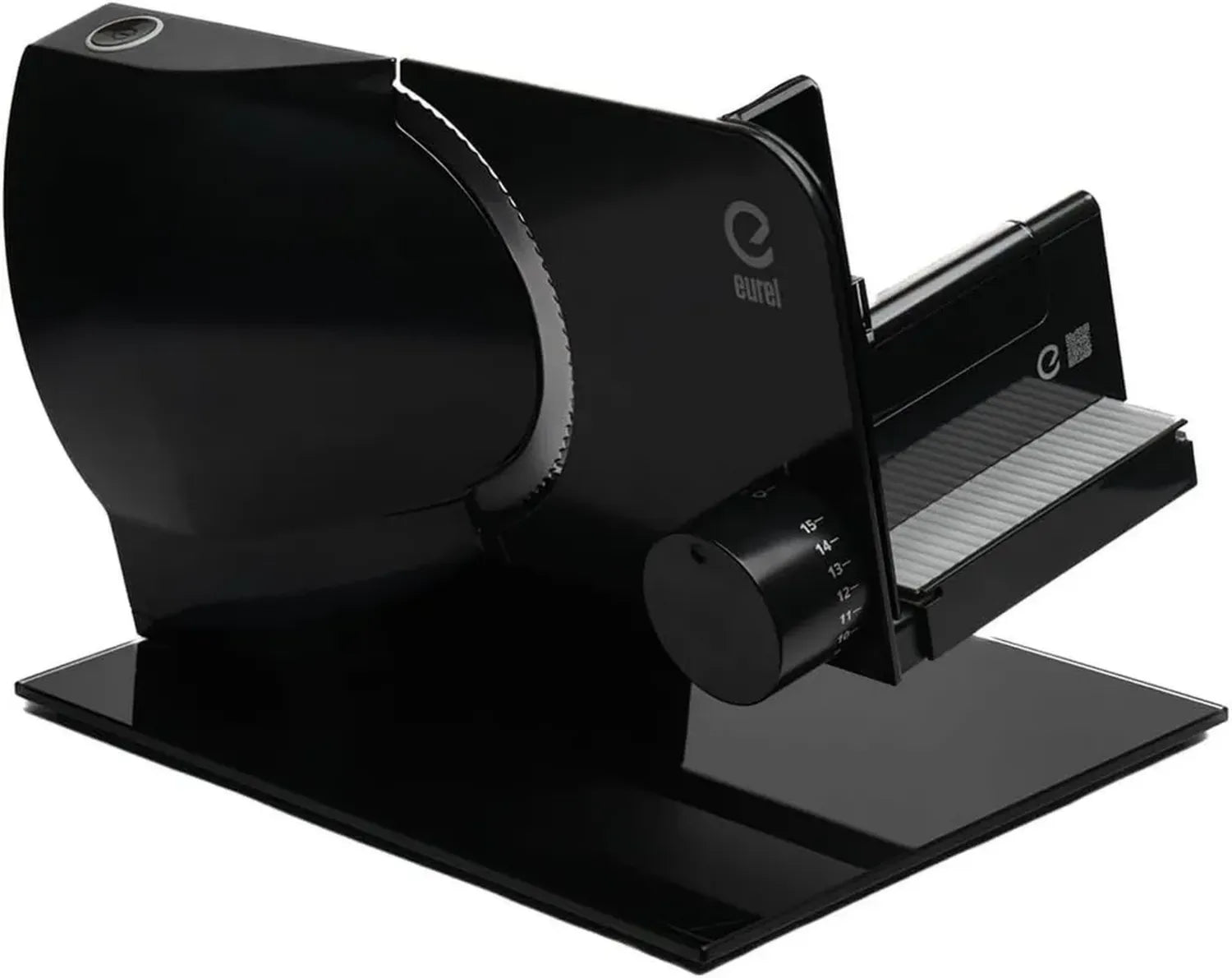 Trancheuse Électrique Noire EUREL RS92 – Idéale pour Jambon, Pain et Charcuterie, Lame en Acier Inoxydable, Épaisseur de Coupe Réglable 0-15 mm, avec Plateau et Rangement, Moteur DC EcoDrive 80W