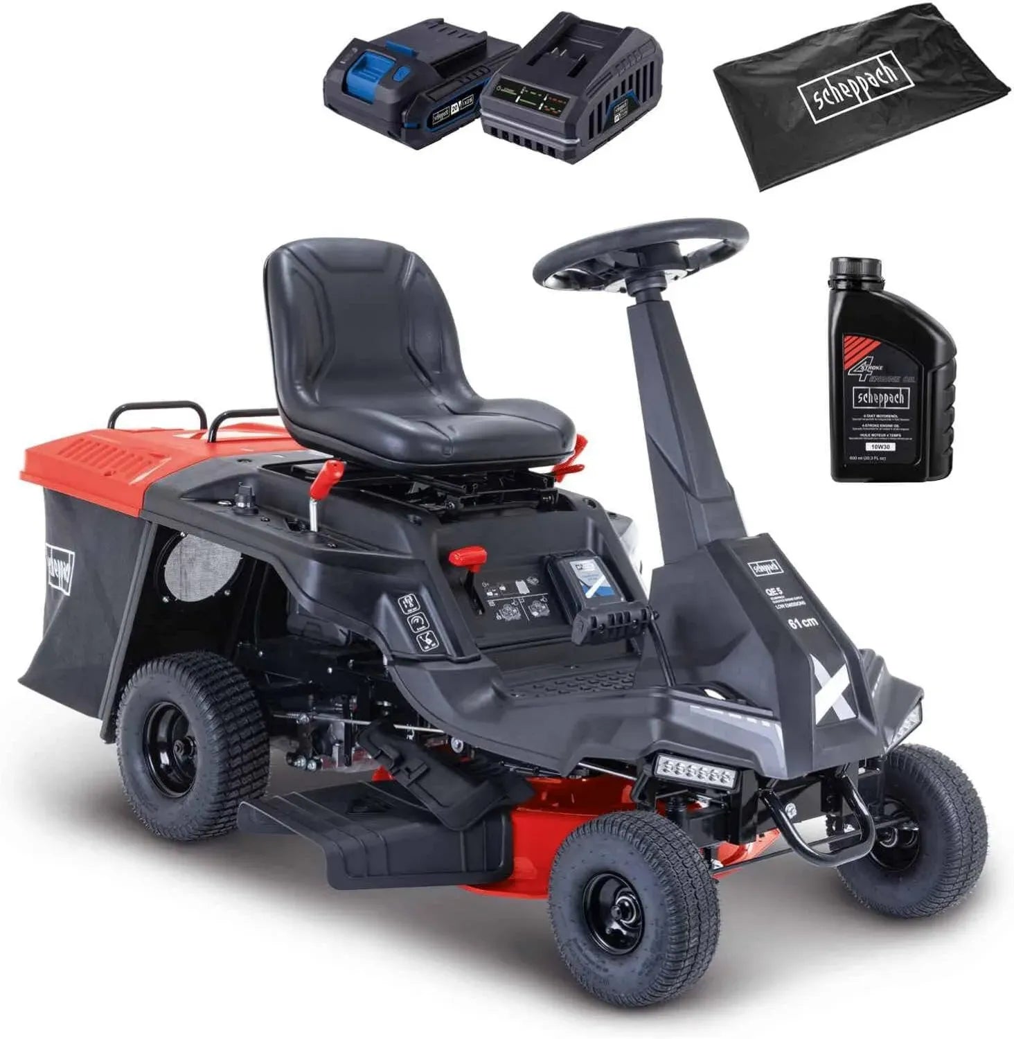 Tondeuse Autoportée Thermique Scheppach MR235-61, 6CV, Démarrage Électrique, Éclairage LED, Largeur de Coupe 61cm, Hauteur Réglable 35-75mm, Bac de 150L, Transmission 4 Avant/1 Arrière