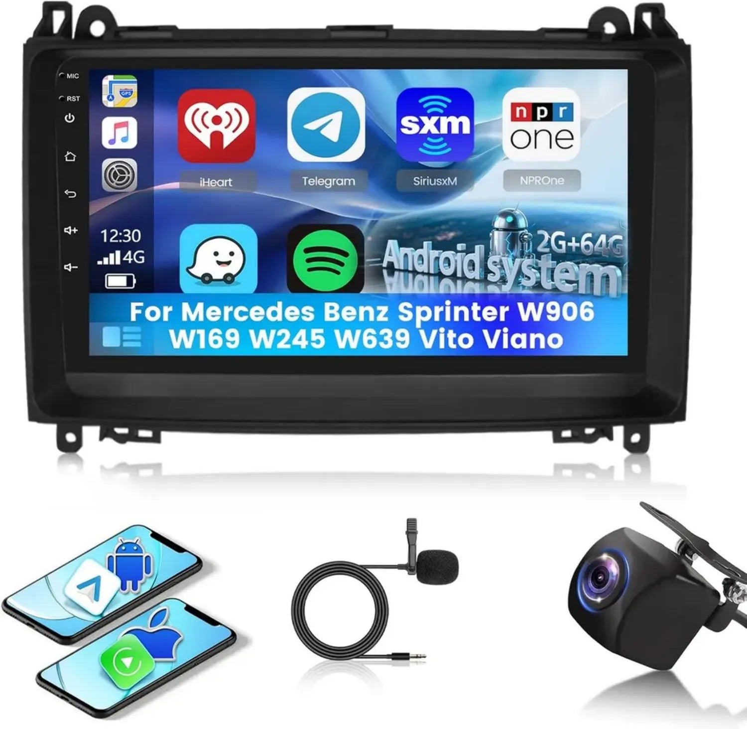 Autoradio Android 2G+64G pour Mercedes Benz Sprinter et Autres Modèles avec CarPlay et Android Auto, Écran 9'' HD, GPS, WiFi, Bluetooth
