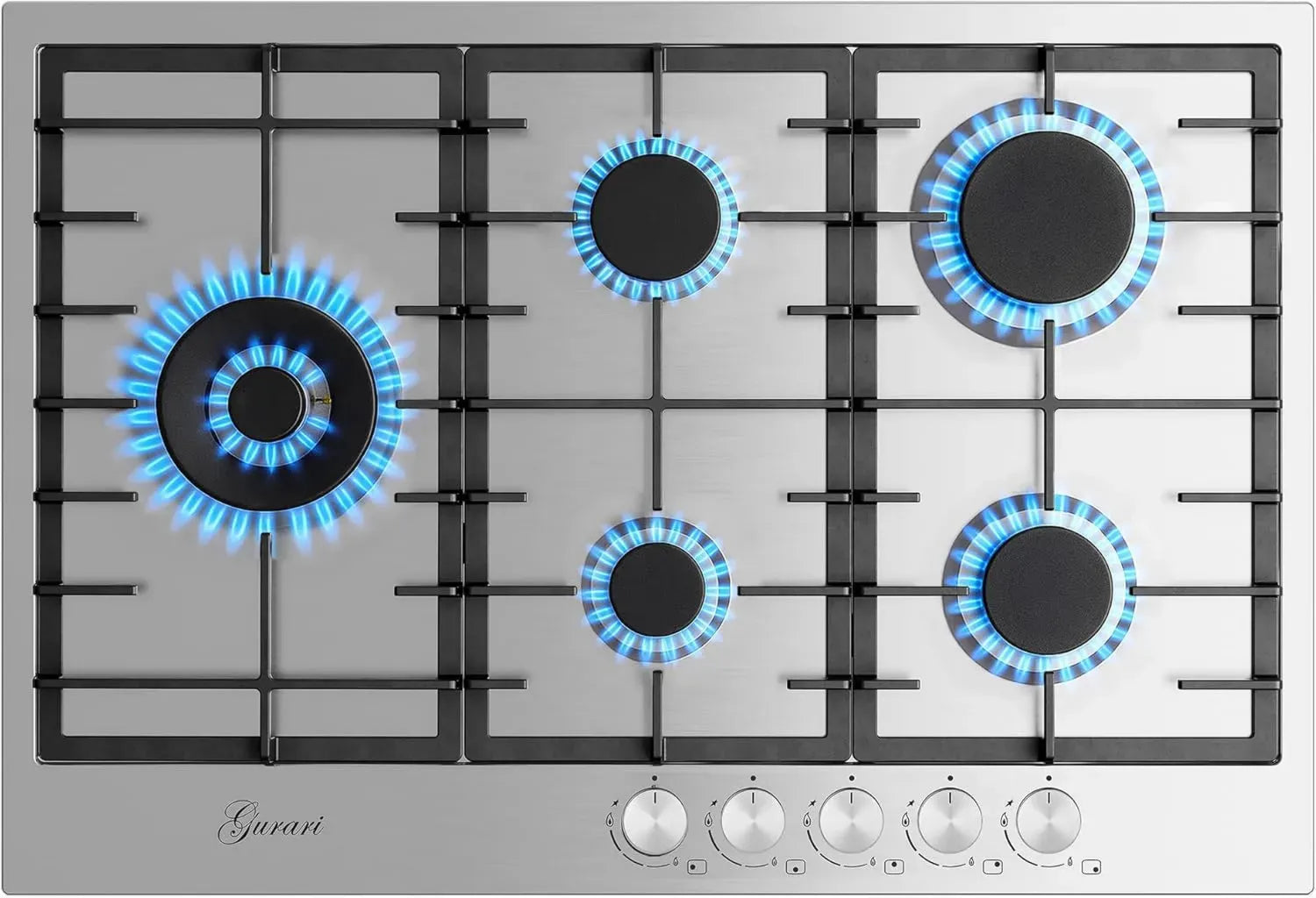 Table de Cuisson à Gaz 75 cm Inox avec 5 Feux, Puissance WOK 4,0 KW