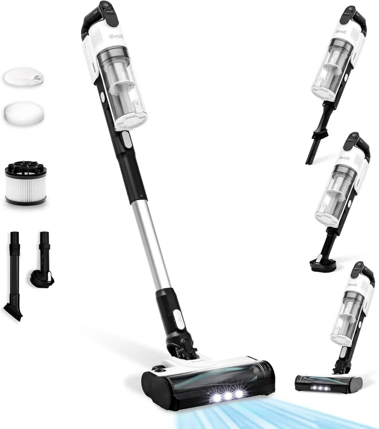 LEVOIT Aspirateur Balai sans Fil 4-en-1 Léger avec Anti-Enchevêtrement et Lumière LED, Autonomie 50 Min, Filtration à 5 Couches à 99,9%, Idéal pour Poils d'Animaux, Poussière, Sols Durs et Voitures