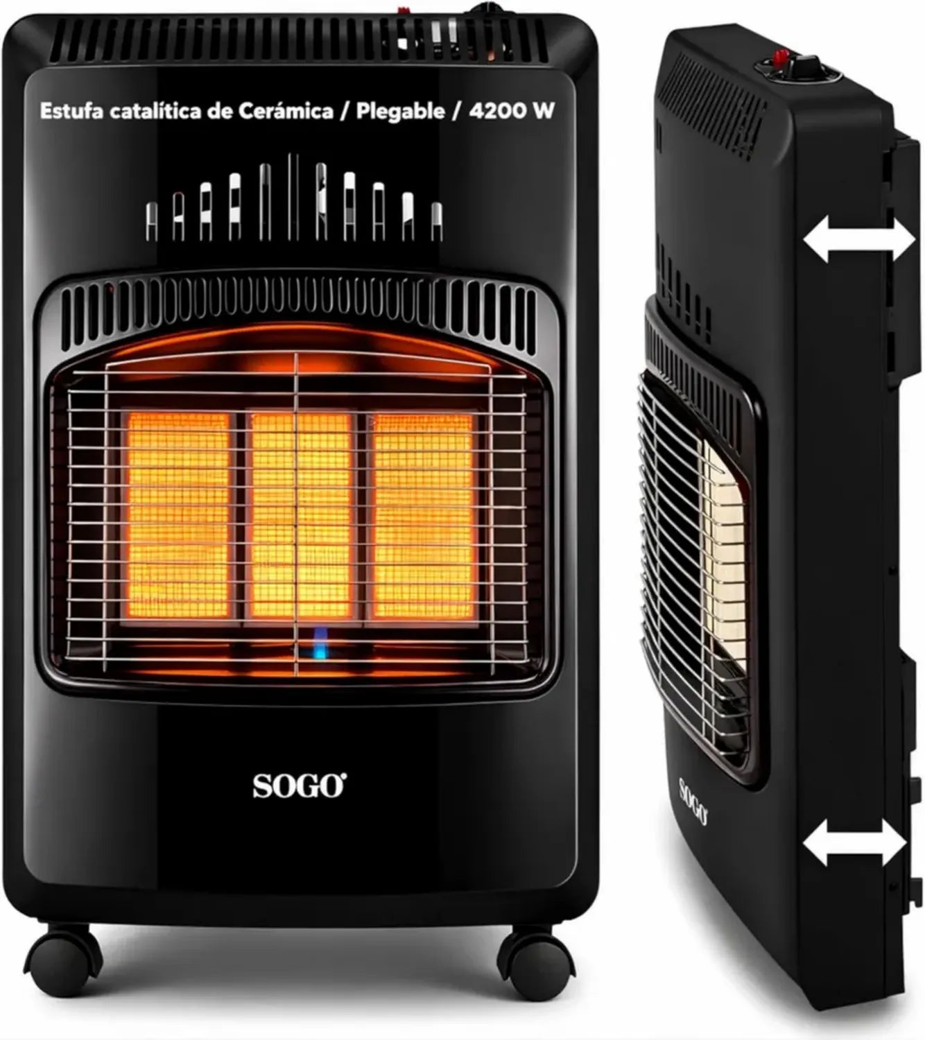 SOGO Radiateur à Gaz Butane en Céramique, Pliable, 3 Niveaux de Puissance, Pour Bouteilles 13 kg, Sécurité Triple, 5 Roues, 4200 W