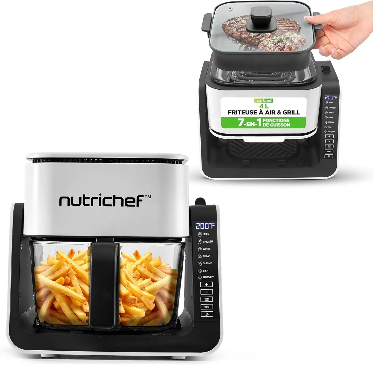 Friteuse à Air NutriChef 1500W avec Bol en Verre 4L et Gril de Table