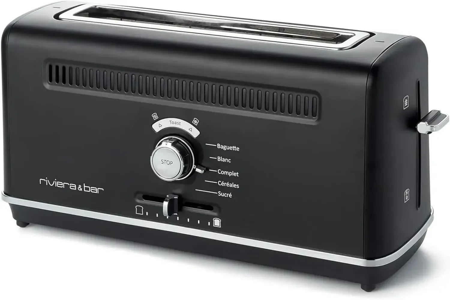 Riviera & Bar Toaster Professionnel Inox - 1010W, 5 Modes, 7 Niveaux de Dorage, Fente Longue 26 cm - Fonctions Réchauffage, Vision, Sûreté Maximale - Noir
