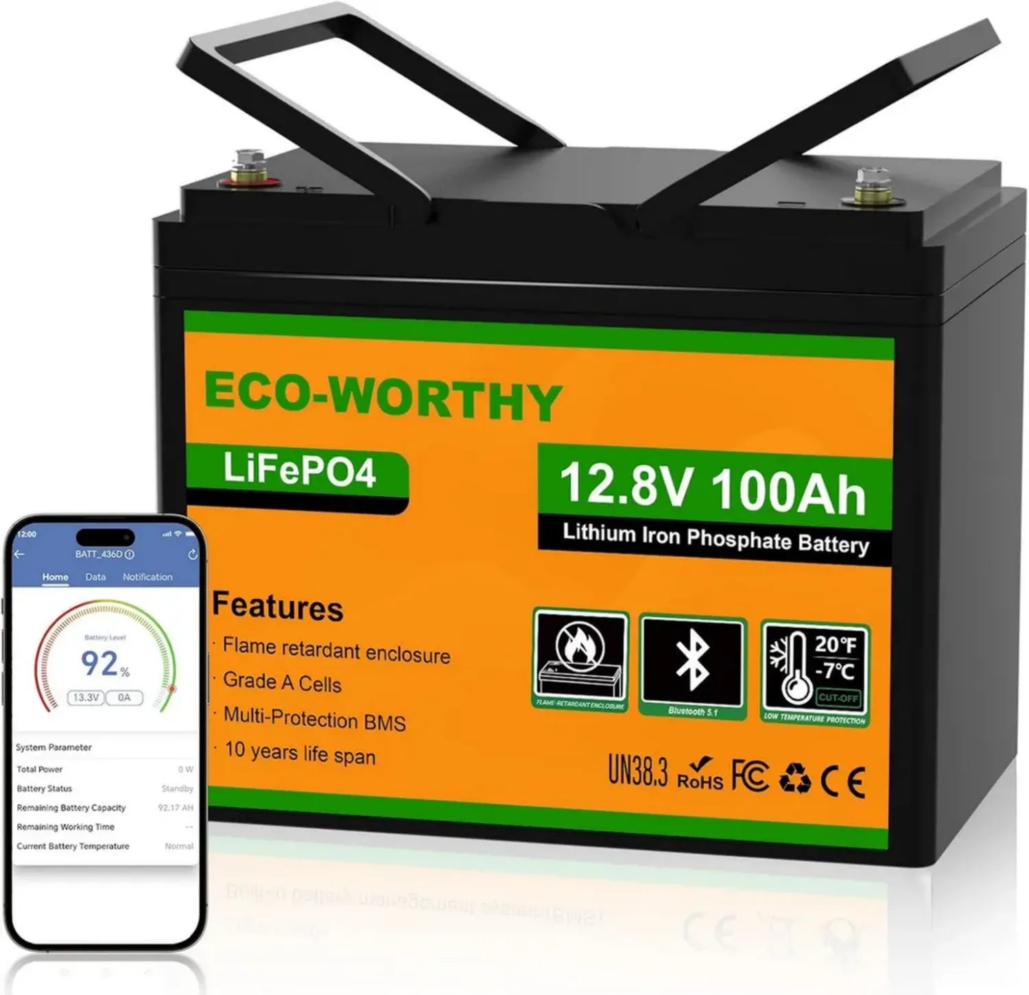 Batterie LiFePO4 12V 100AH avec Bluetooth et BMS Intelligent, Protection Température Basse, pour Caravanes et Systèmes Solaires
