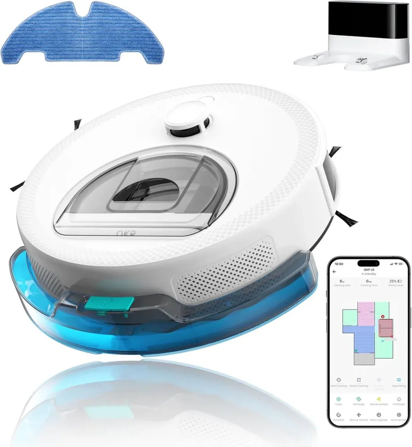 Aspirateur Robot OKP L6 Aqua 3 en 1 avec Navigation Laser, 6000 Pa, 150 Min d'Autonomie