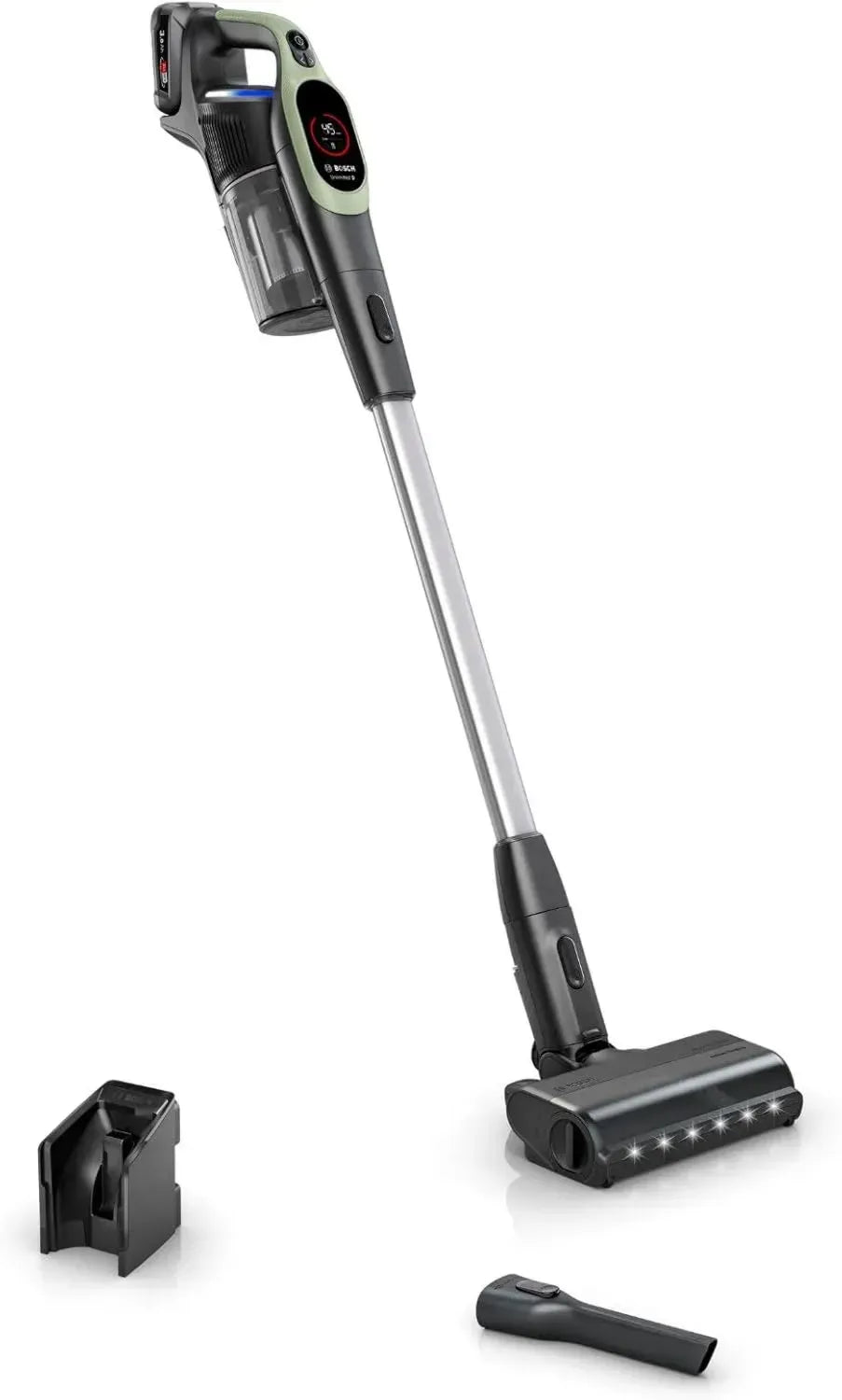 Aspirateur balai sans fil Bosch Unlimited 9 avec batterie 3.0 Ah, technologie MicroClean, bac facile à vider, LED intégrée, vert