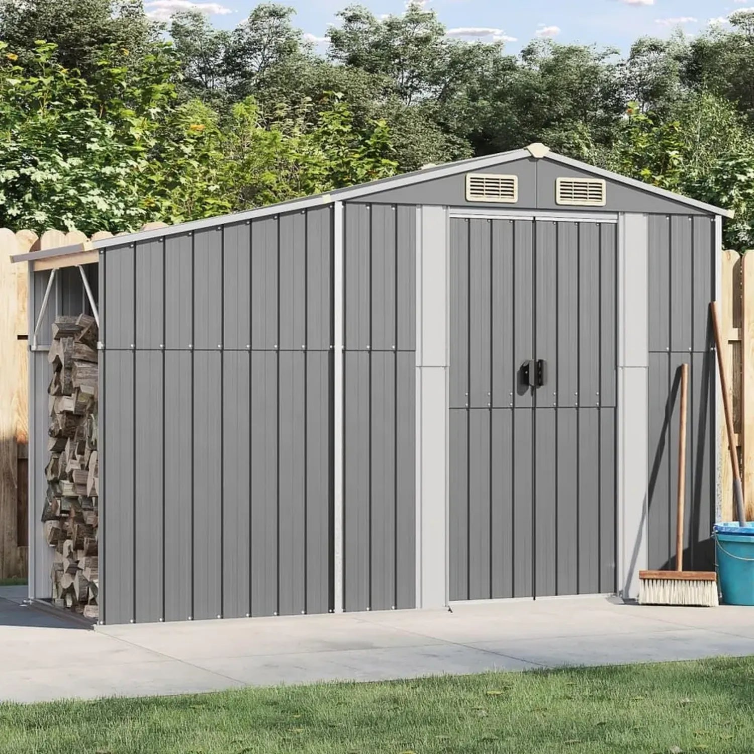 Abri de Jardin Métallique Gris avec Double Porte et Toit Allongé, Idéal pour Vélos, Outils et Bois de Chauffage