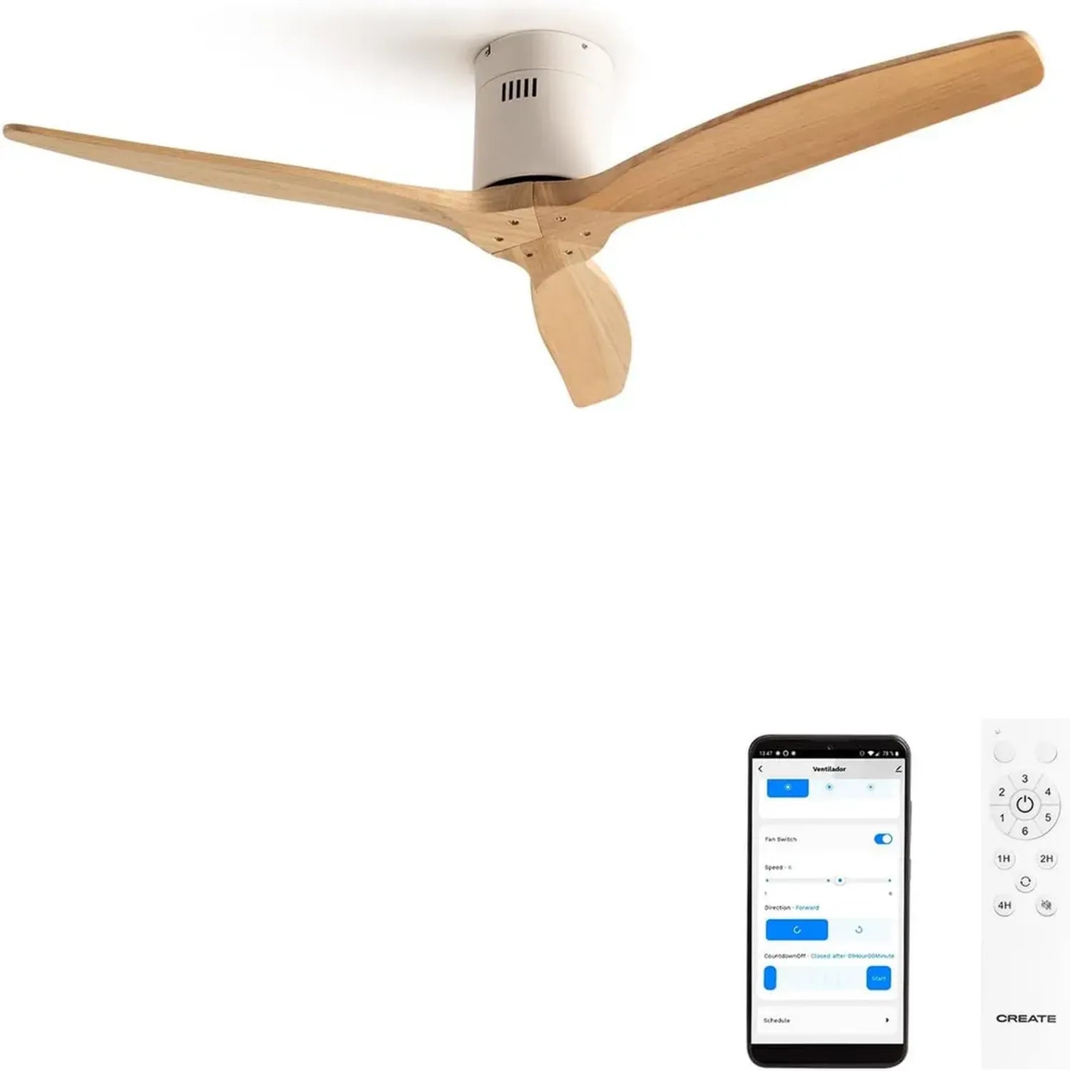 Ventilateur de Plafond avec Télécommande, Silencieux, 132 cm, Bois Naturel et Blanc, WiFi, 6 Vitesses, Fonction Été-Hiver