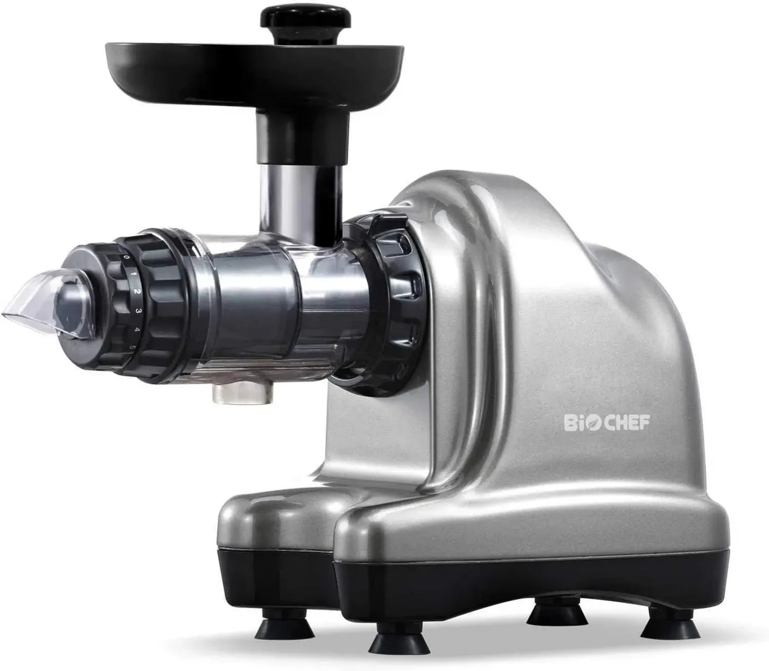 Extracteur de Jus Horizontal BioChef Axis - Presse à Froid pour Fruits, Légumes et Herbe de Blé avec Large Ouverture, Garantie 20 Ans (Gris)