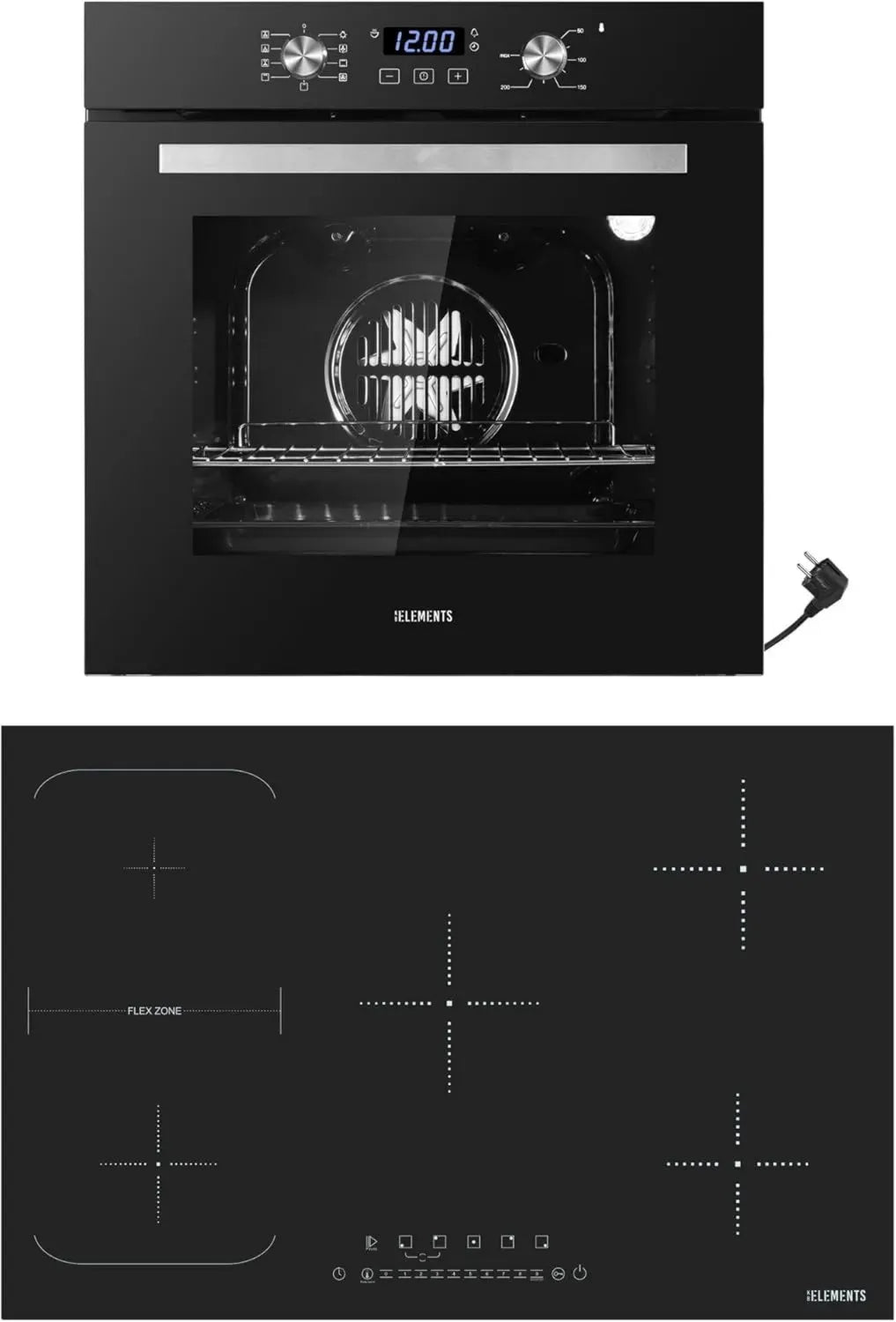 Ensemble Cuisinière Autonome: Four Intégré 60 cm & Plaque Induction 77 cm - Fonction Maintien au Chaud - Barbecue & Air Chaud - Noir/Argent